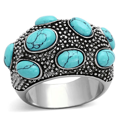 TK1308 - High polished (no plating) Stainless Steel Ring with Synthetic Turquoise in Sea Blue-0