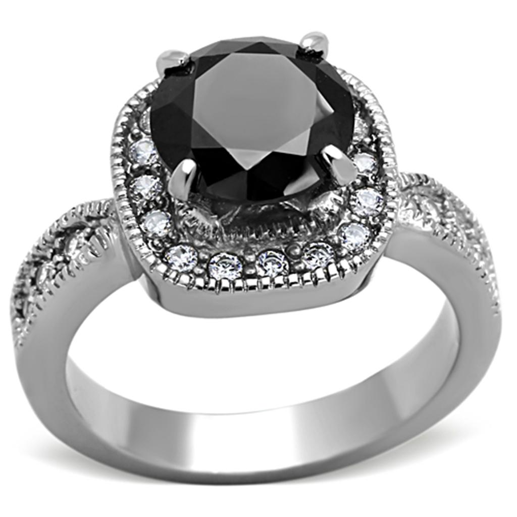 TK1322 - High polished (no plating) Stainless Steel Ring with AAA Grade CZ  in Black Diamond-0