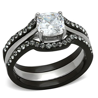 TK1343 - Two-Tone IP Black Stainless Steel Ring with AAA Grade CZ  in Clear-0