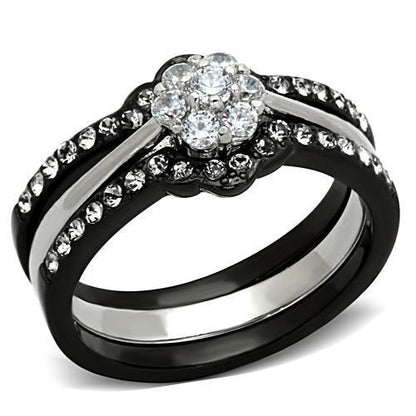 TK1345 - Two-Tone IP Black Stainless Steel Ring with AAA Grade CZ  in Clear-0