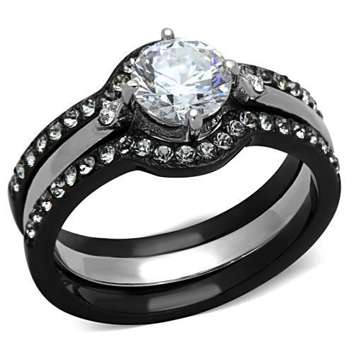 TK1346 - Two-Tone IP Black Stainless Steel Ring with AAA Grade CZ  in Clear-0