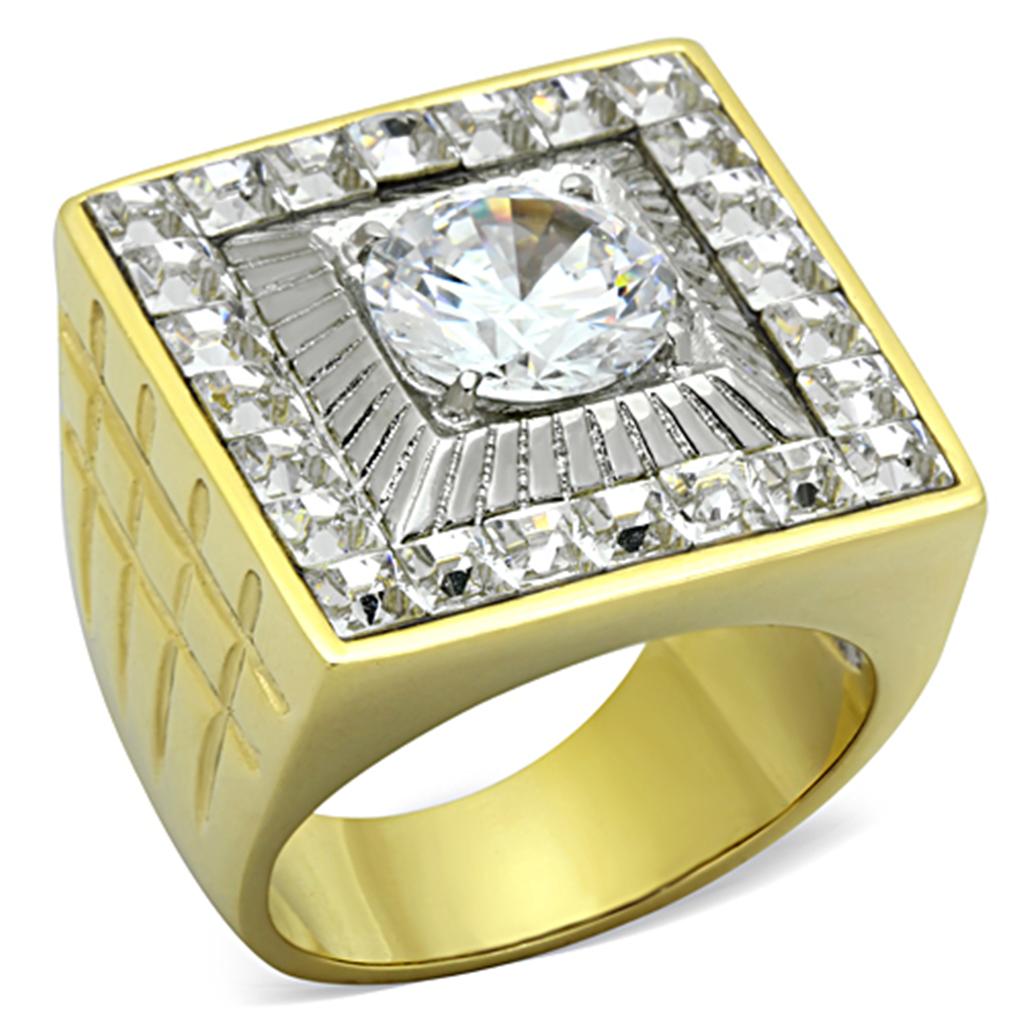 TK1359 - Two-Tone IP Gold (Ion Plating) Stainless Steel Ring with AAA Grade CZ  in Clear-0