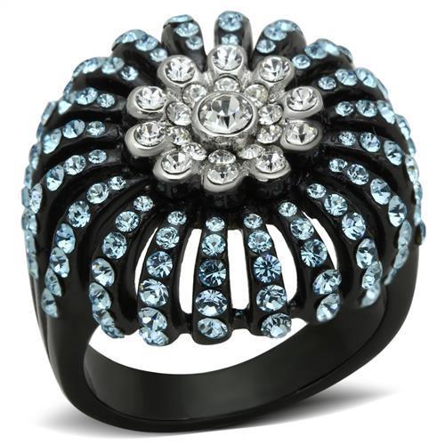TK1442 - Two-Tone IP Black Stainless Steel Ring with Top Grade Crystal  in Sea Blue-0