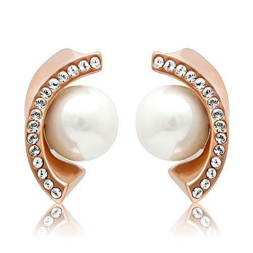 TK1510 - IP Rose Gold(Ion Plating) Stainless Steel Earrings with Synthetic Pearl in White-0