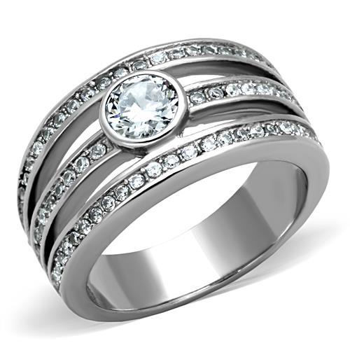 TK1525 - High polished (no plating) Stainless Steel Ring with AAA Grade CZ  in Clear-0