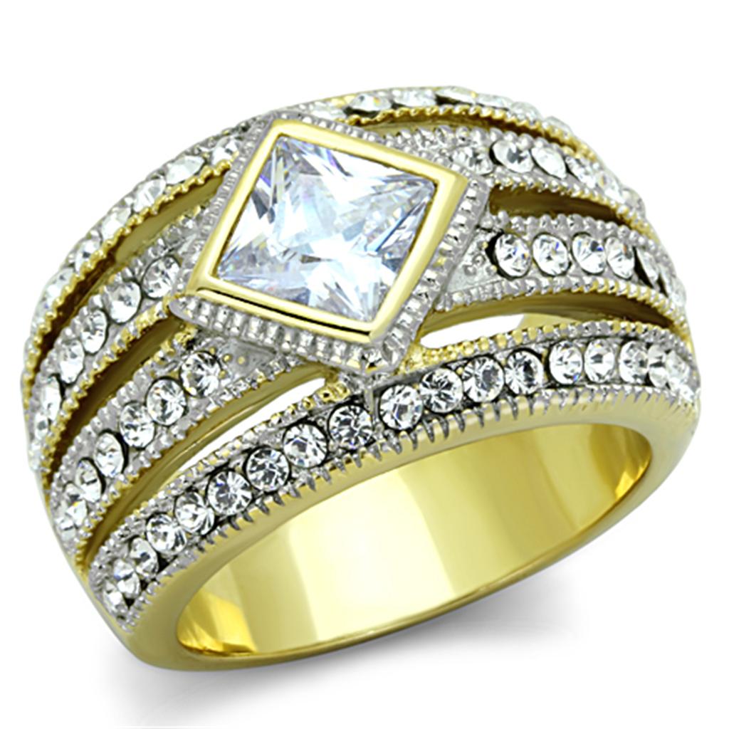 TK1551 - Two-Tone IP Gold (Ion Plating) Stainless Steel Ring with AAA Grade CZ  in Clear-0
