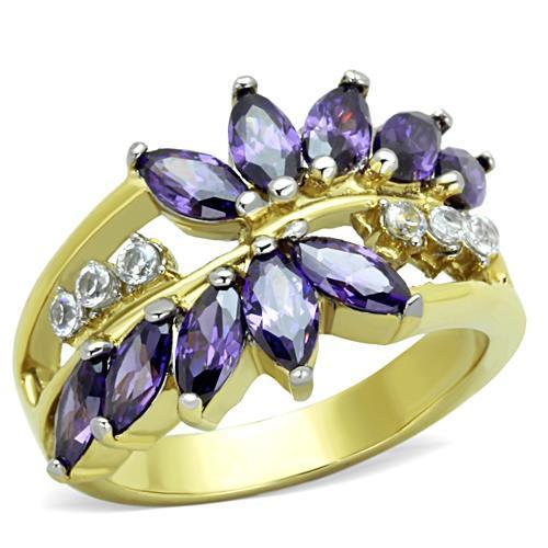 TK1568 - Two-Tone IP Gold (Ion Plating) Stainless Steel Ring with AAA Grade CZ  in Amethyst-0
