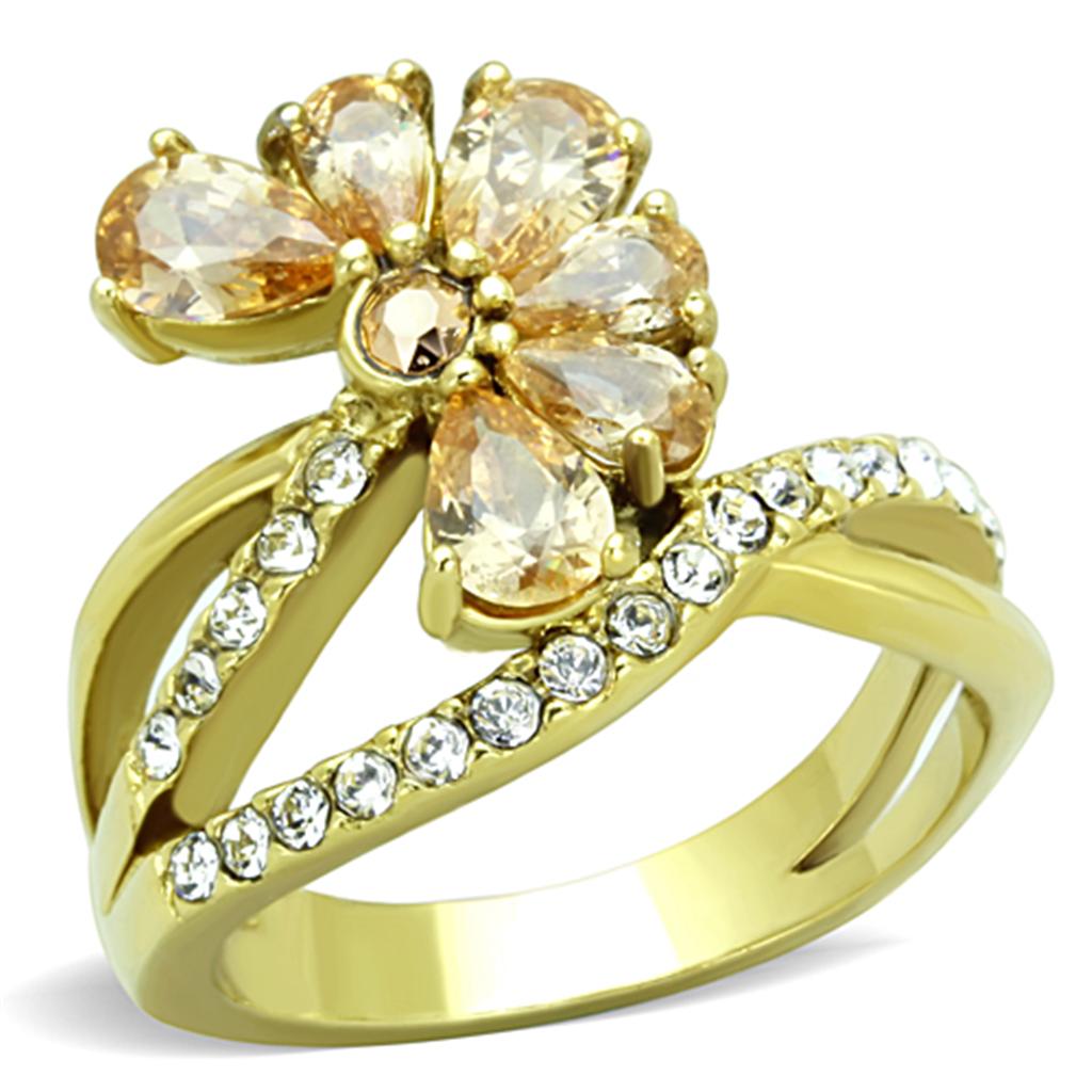 TK1574 - IP Gold(Ion Plating) Stainless Steel Ring with AAA Grade CZ  in Champagne-0