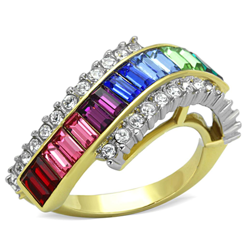 TK1575 - Two-Tone IP Gold (Ion Plating) Stainless Steel Ring with Top Grade Crystal  in Multi Color-0