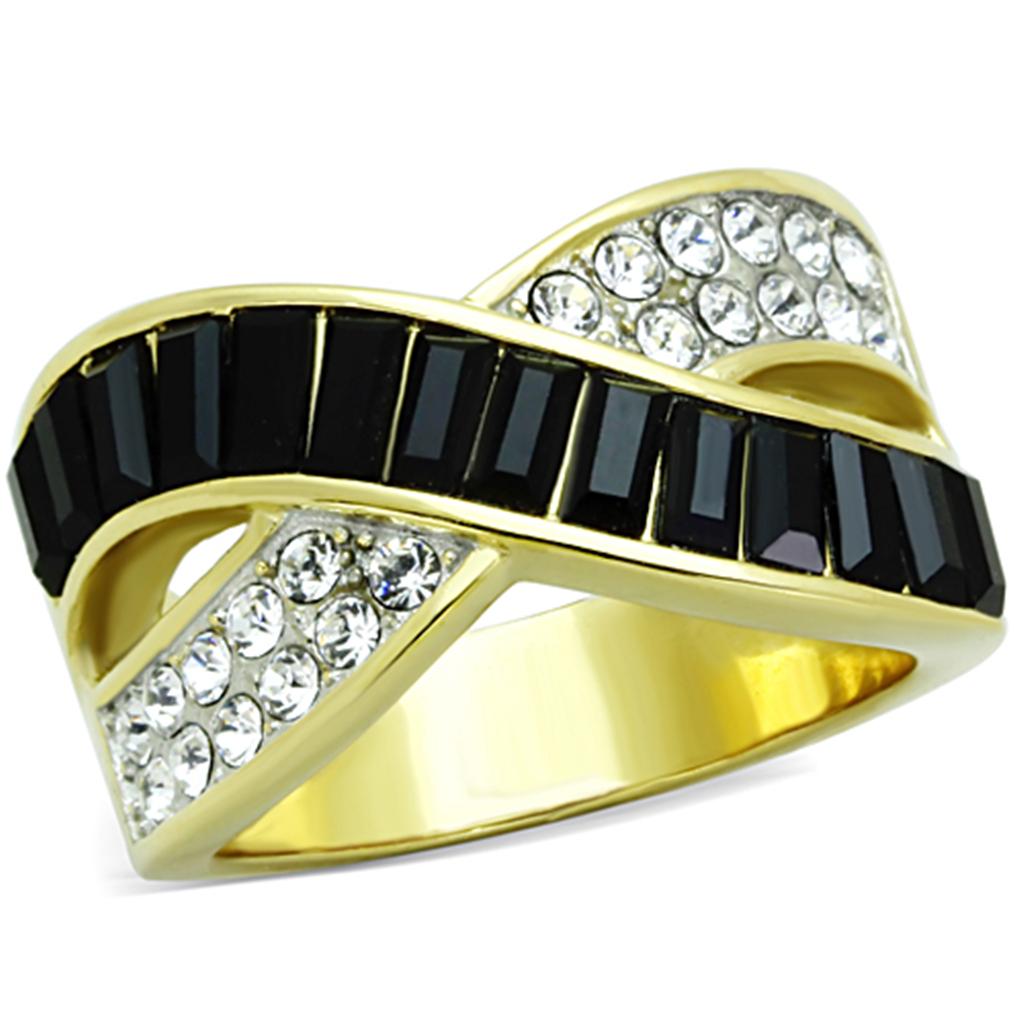 TK1577 - Two-Tone IP Gold (Ion Plating) Stainless Steel Ring with Top Grade Crystal  in Jet-0