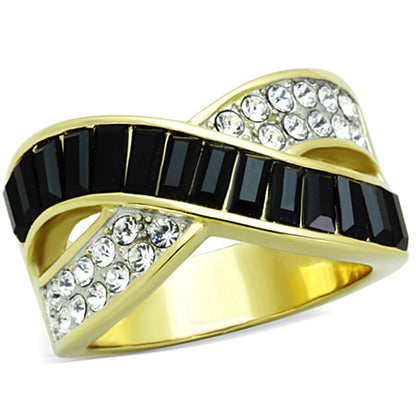 TK1577 - Two-Tone IP Gold (Ion Plating) Stainless Steel Ring with Top Grade Crystal  in Jet-0