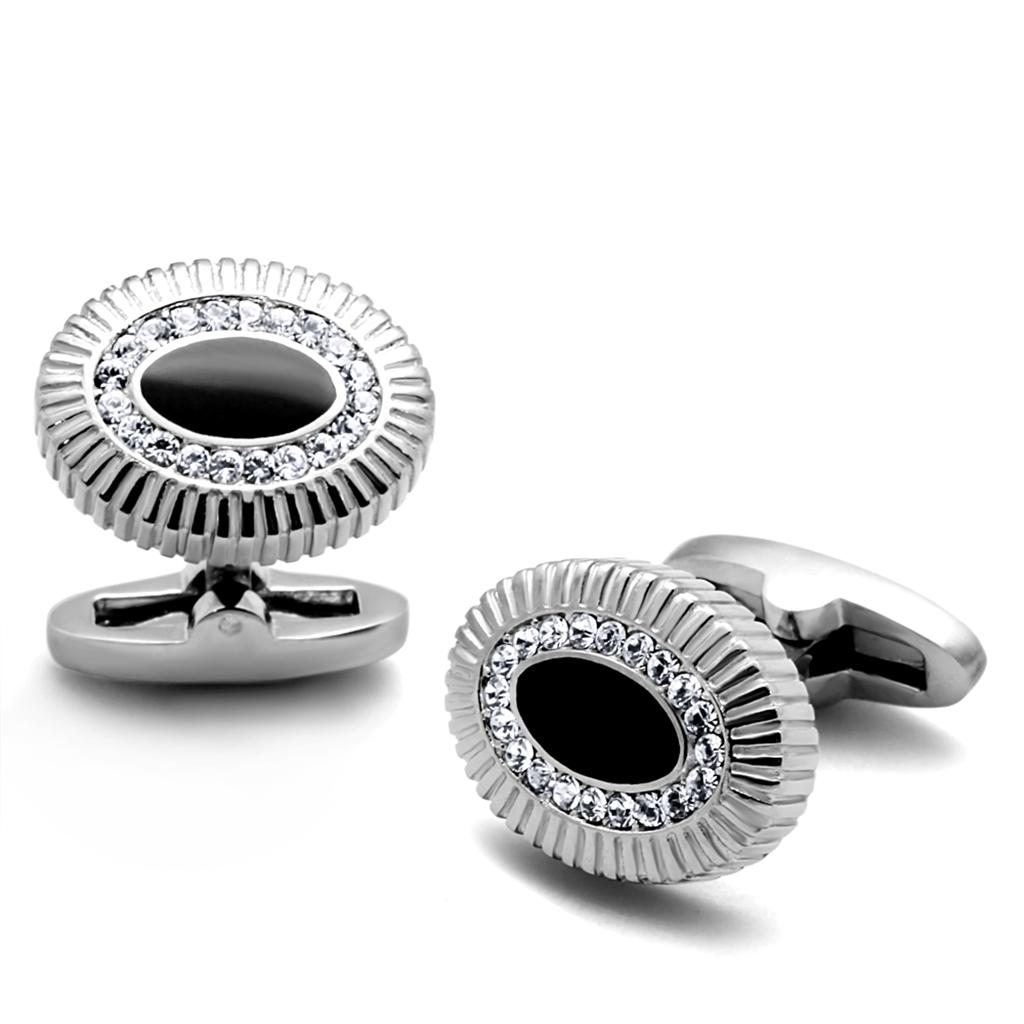 TK1656 - High polished (no plating) Stainless Steel Cufflink with Top Grade Crystal  in Clear-0