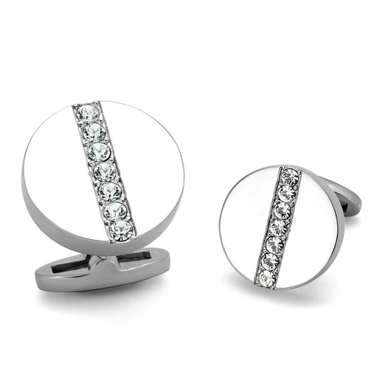 TK1657 - High polished (no plating) Stainless Steel Cufflink with Top Grade Crystal  in Clear-0