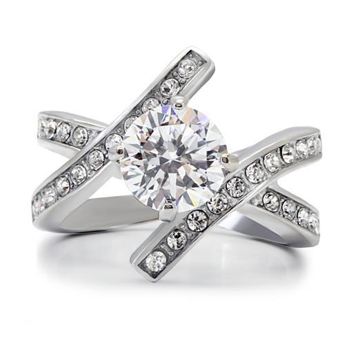 TK169 - High polished (no plating) Stainless Steel Ring with AAA Grade CZ  in Clear-2