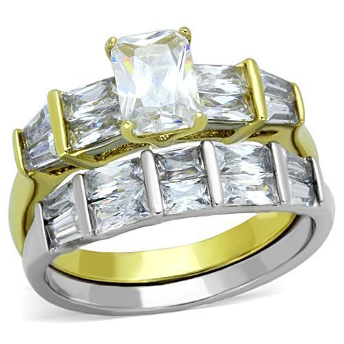 TK1708 - Two-Tone IP Gold (Ion Plating) Stainless Steel Ring with AAA Grade CZ  in Clear-0