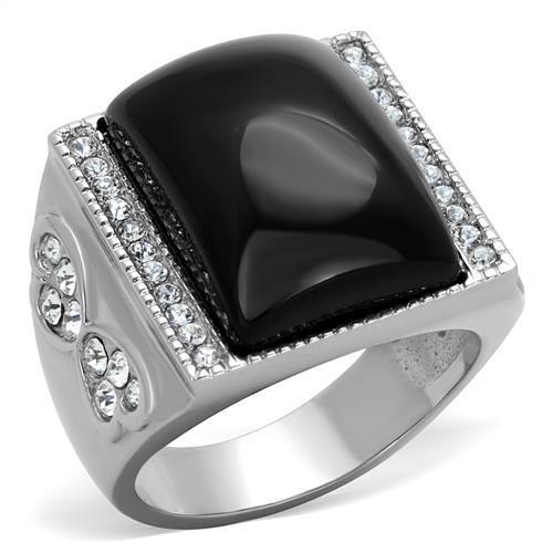 TK1767 - High polished (no plating) Stainless Steel Ring with Synthetic Synthetic Glass in Jet-0