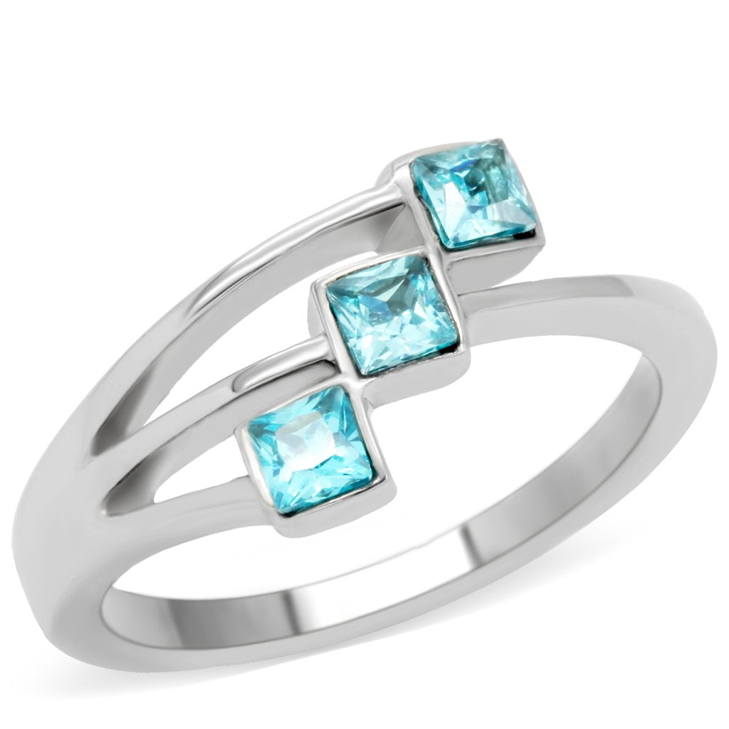 TK180 - High polished (no plating) Stainless Steel Ring with Synthetic Synthetic Glass in Sea Blue-0
