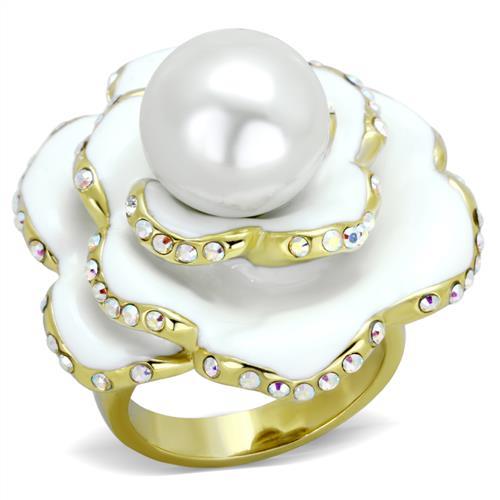TK1847 - IP Gold(Ion Plating) Stainless Steel Ring with Synthetic Pearl in White-0