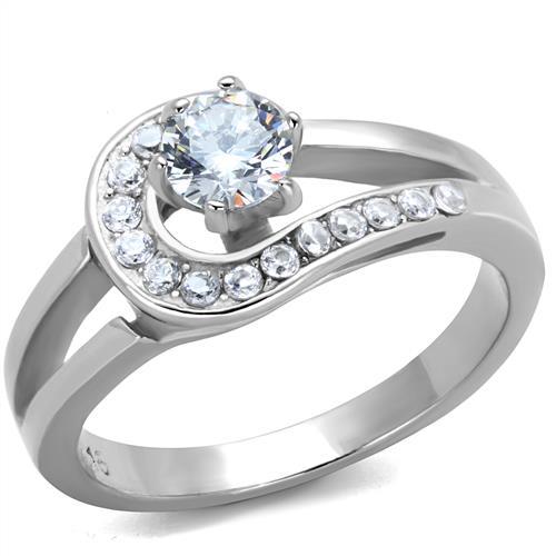 TK1857 - High polished (no plating) Stainless Steel Ring with AAA Grade CZ  in Clear-0