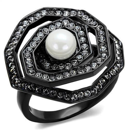 TK1861 - IP Black(Ion Plating) Stainless Steel Ring with Synthetic Pearl in White-0