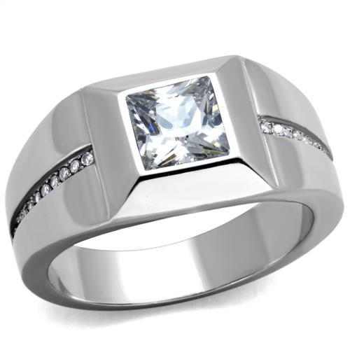 TK1916 - High polished (no plating) Stainless Steel Ring with AAA Grade CZ  in Clear-0