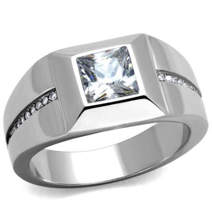 TK1916 - High polished (no plating) Stainless Steel Ring with AAA Grade CZ  in Clear-0