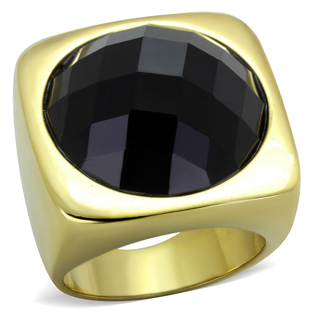 TK1925 - IP Gold(Ion Plating) Stainless Steel Ring with Synthetic Synthetic Stone in Jet-0