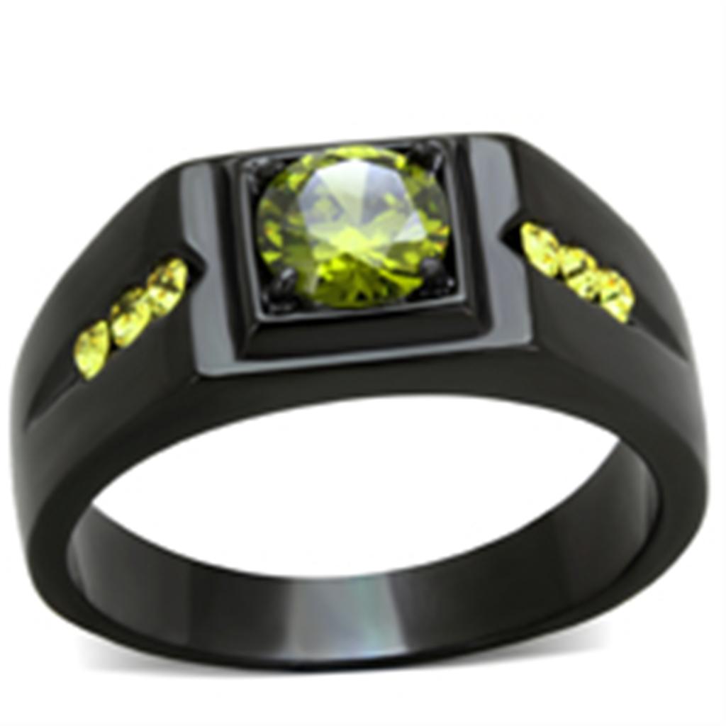 TK1928 - IP Black(Ion Plating) Stainless Steel Ring with AAA Grade CZ  in Olivine color-0