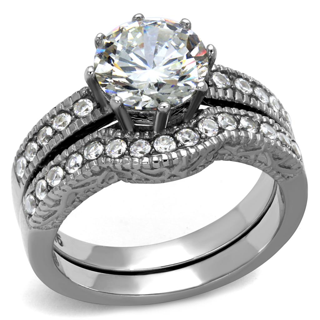 TK1W007 - High polished (no plating) Stainless Steel Ring with AAA Grade CZ  in Clear-0