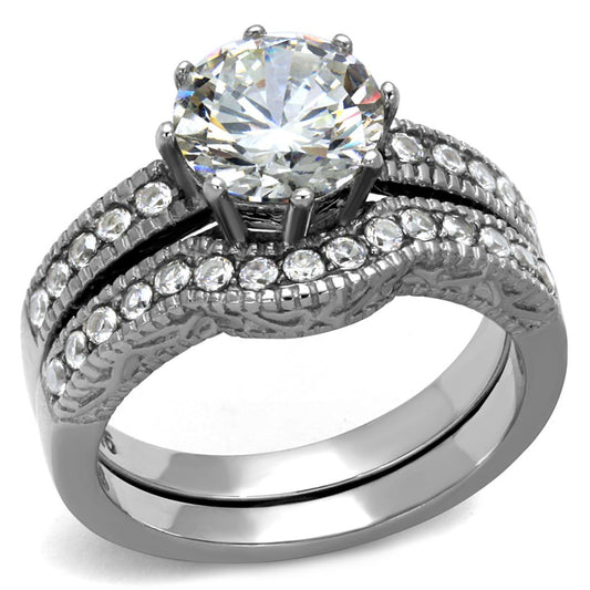TK1W007 - High polished (no plating) Stainless Steel Ring with AAA Grade CZ  in Clear-0