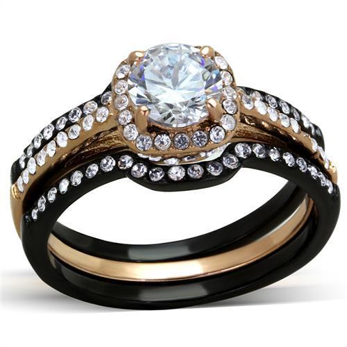 TK2020 - IP Rose Gold+ IP Black (Ion Plating) Stainless Steel Ring with AAA Grade CZ  in Clear-0