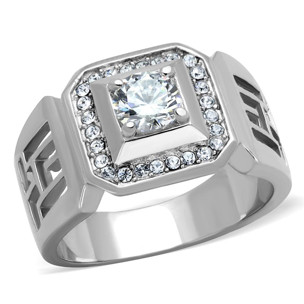 TK2046 - High polished (no plating) Stainless Steel Ring with AAA Grade CZ  in Clear-0