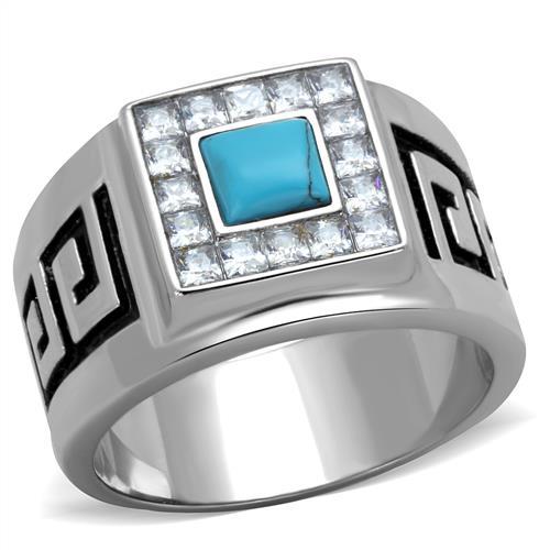 TK2053 - High polished (no plating) Stainless Steel Ring with Synthetic Turquoise in Sea Blue-0