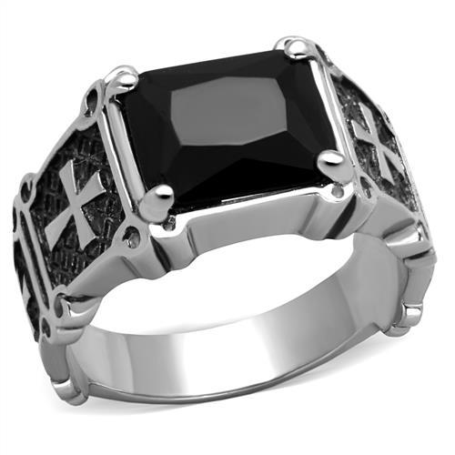 TK2055 - High polished (no plating) Stainless Steel Ring with Synthetic Synthetic Glass in Jet-0