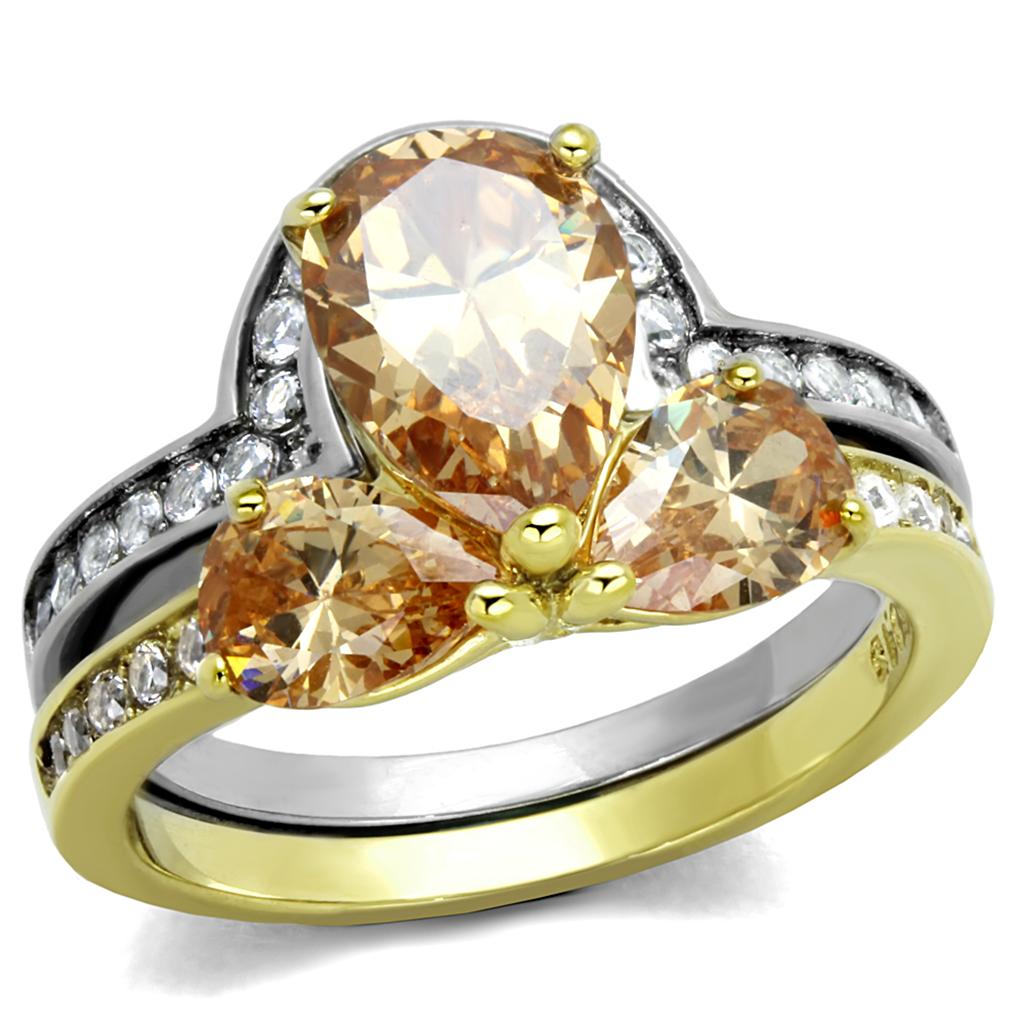 TK2132 - Two-Tone IP Gold (Ion Plating) Stainless Steel Ring with AAA Grade CZ  in Champagne-0