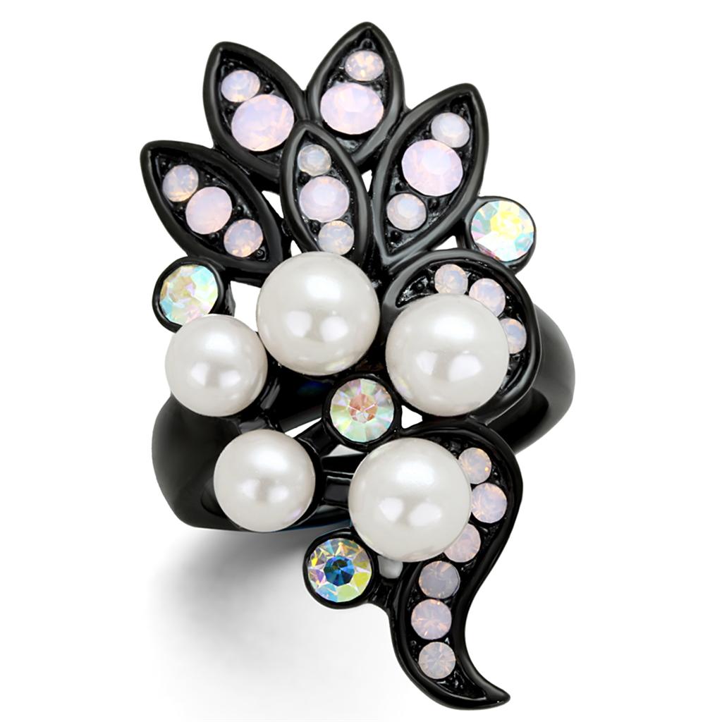 TK2138 - IP Black(Ion Plating) Stainless Steel Ring with Synthetic Pearl in Light Rose-0