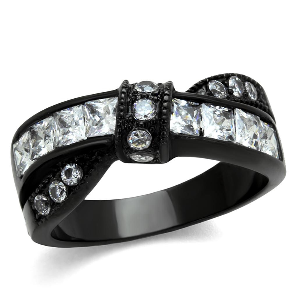 TK2139 - IP Black(Ion Plating) Stainless Steel Ring with AAA Grade CZ  in Clear-0