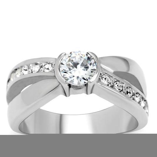 TK214 - High polished (no plating) Stainless Steel Ring with AAA Grade CZ  in Clear-0