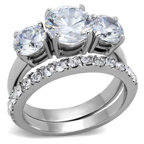 TK2177 - High polished (no plating) Stainless Steel Ring with AAA Grade CZ  in Clear-0