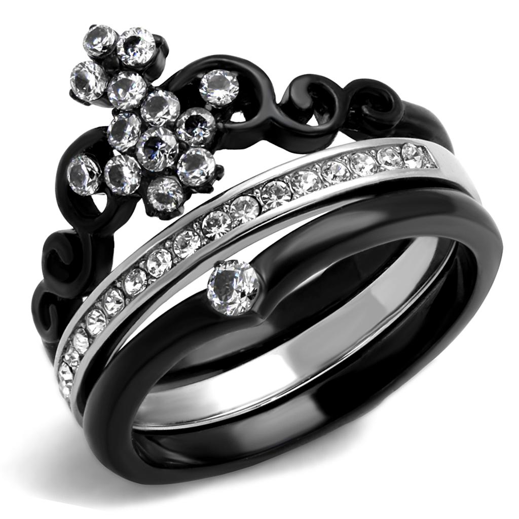 TK2187 - Two-Tone IP Black Stainless Steel Ring with AAA Grade CZ  in Clear-0