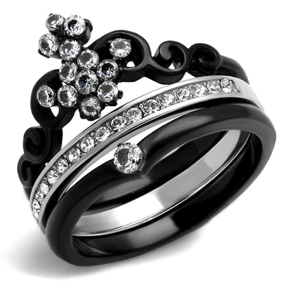 TK2187 - Two-Tone IP Black Stainless Steel Ring with AAA Grade CZ  in Clear-0