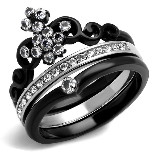 TK2187 - Two-Tone IP Black Stainless Steel Ring with AAA Grade CZ  in Clear-0