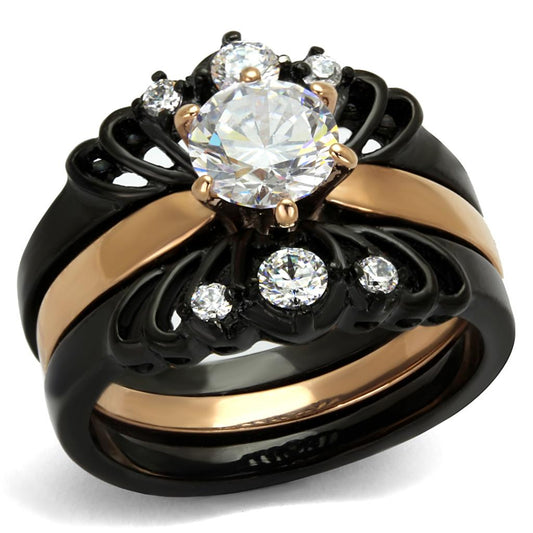TK2189 - IP Rose Gold+ IP Black (Ion Plating) Stainless Steel Ring with AAA Grade CZ  in Clear-0