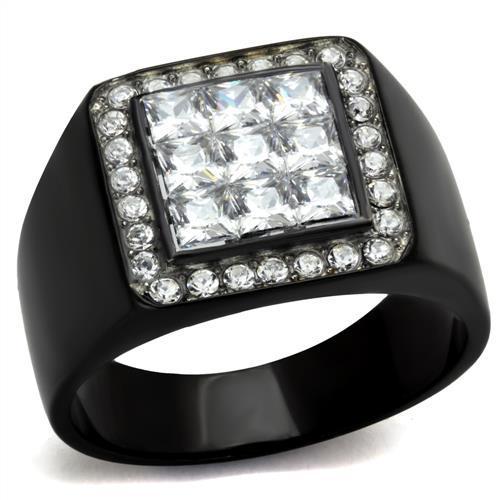 TK2230 - Two-Tone IP Black Stainless Steel Ring with AAA Grade CZ  in Clear-0