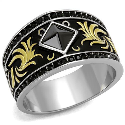TK2232 - Two-Tone IP Gold (Ion Plating) Stainless Steel Ring with Synthetic Synthetic Glass in Jet-0