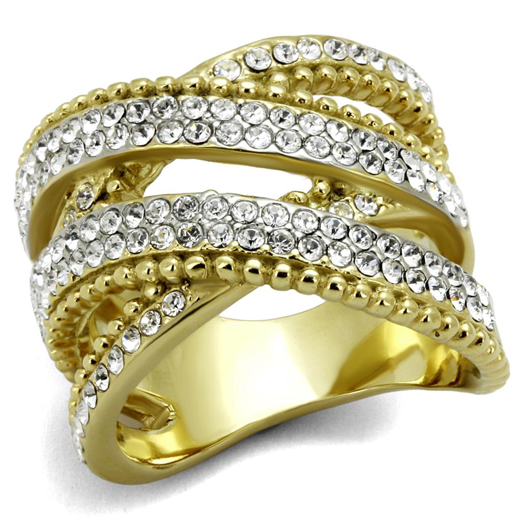 TK2252 - Two-Tone IP Gold (Ion Plating) Stainless Steel Ring with Top Grade Crystal  in Clear-0