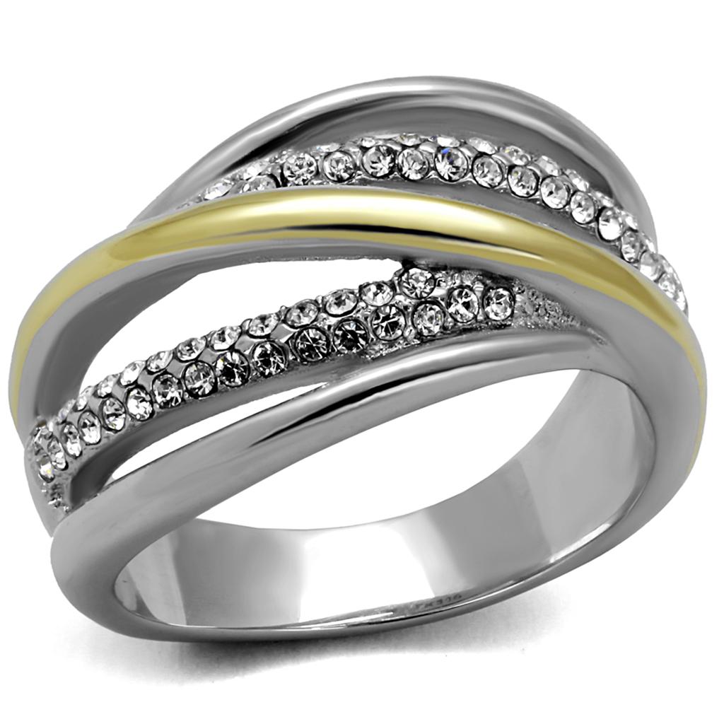 TK2263 - Two-Tone IP Gold (Ion Plating) Stainless Steel Ring with Top Grade Crystal  in Clear-0