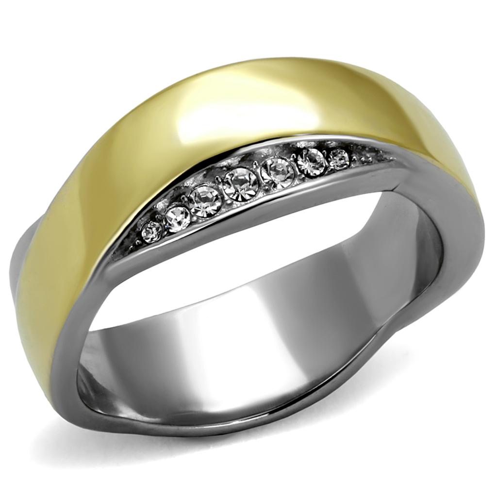 TK2264 - Two-Tone IP Gold (Ion Plating) Stainless Steel Ring with Top Grade Crystal  in Clear-0