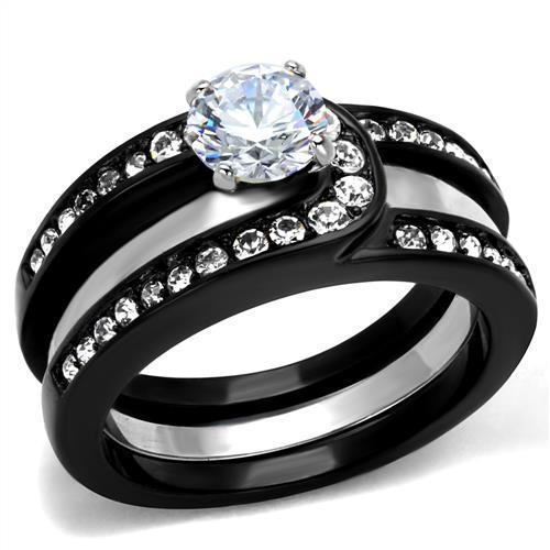 TK2303 - Two-Tone IP Black (Ion Plating) Stainless Steel Ring with AAA Grade CZ  in Clear-0