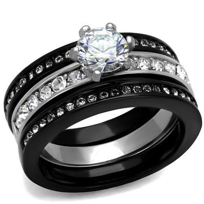 TK2304 - Two-Tone IP Black (Ion Plating) Stainless Steel Ring with AAA Grade CZ  in Clear-0